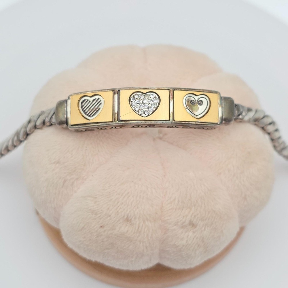 BRIGHTON "Golden Bridge" ID Bracelet Heart Trio Crystal Gold & Silver‎ Plate 8"